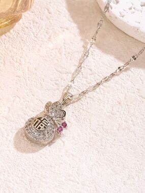 Silver plated Blessing Gourd Pendant Necklace with Pink Accent